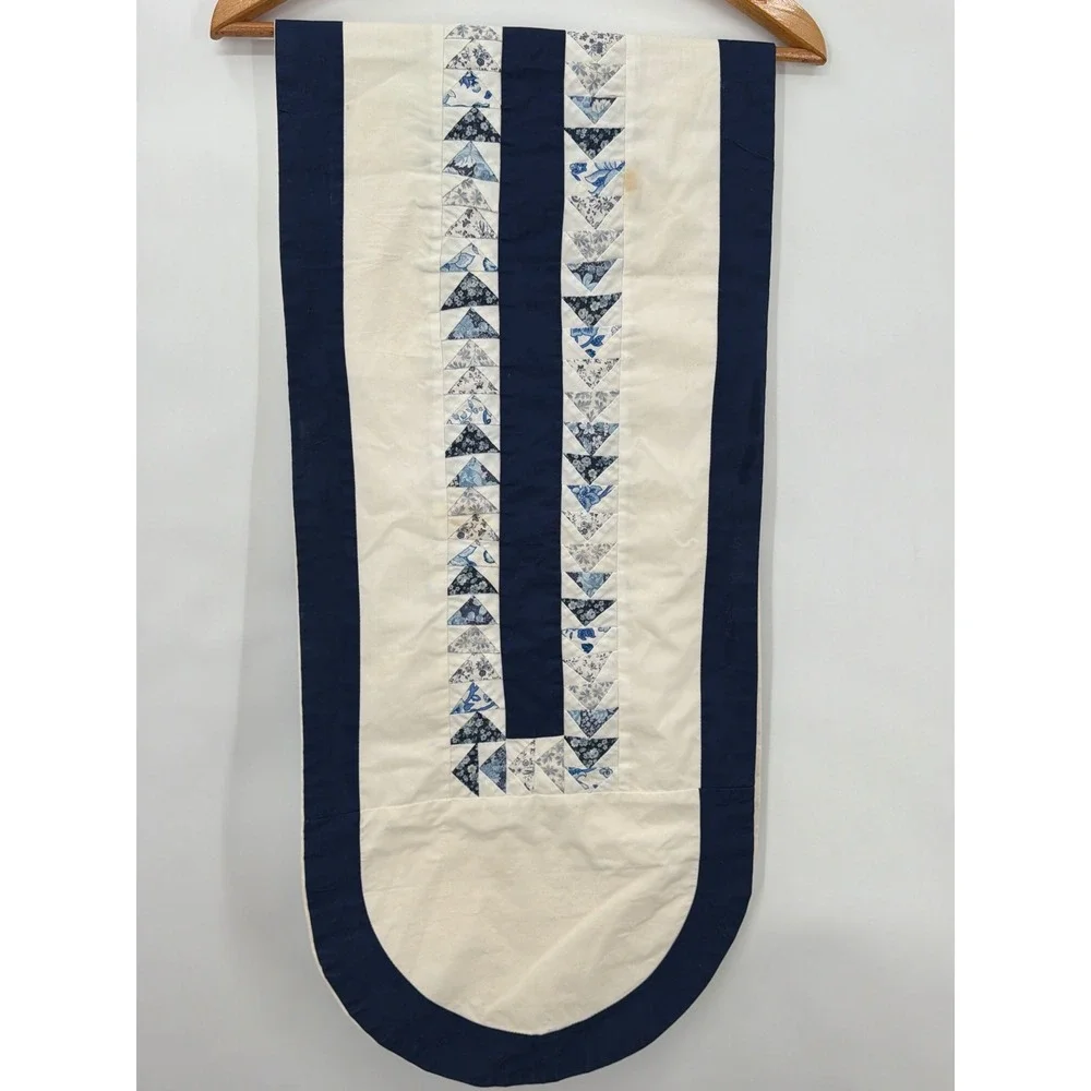 Handmade Quilted Table Runner Navy Blue Cream Flying Geese Floral Patchwork 68